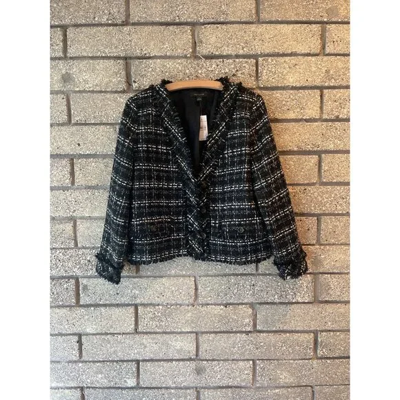 Ann Taylor Womens Black & White Tweed Fringed Button-Front Blazer Size 8 NWT - Picture 1 of 9